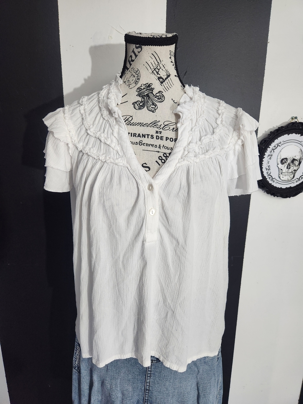 Maeve White Ruffle-Yoke Short Sleeve Blouse